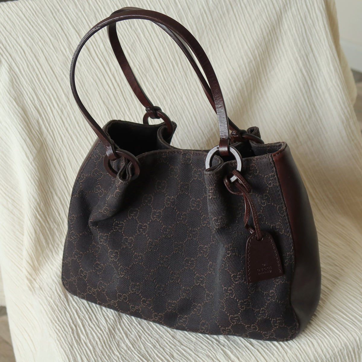 Gucci Vintage Dark Brown Canvas Leather GG Monogram Daily Tote Shoulder Bag