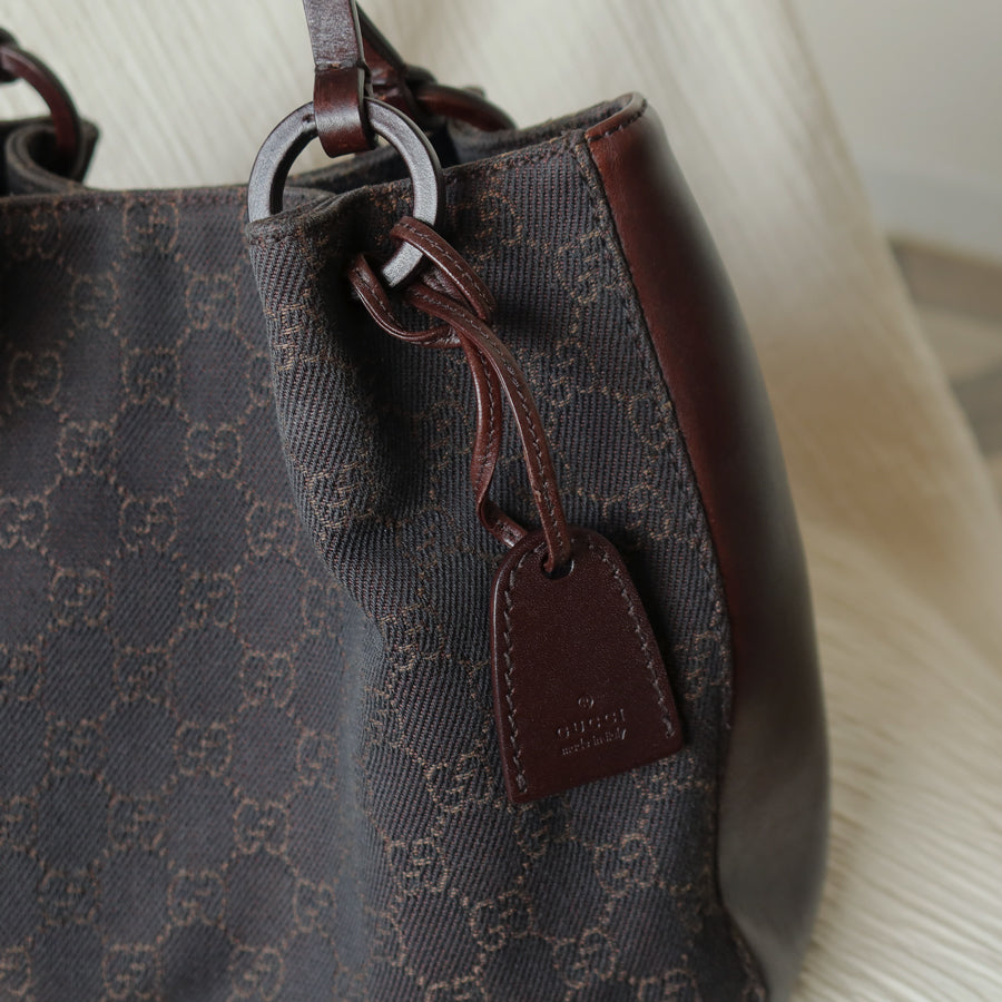Gucci Vintage Dark Brown Canvas Leather GG Monogram Daily Tote Shoulder Bag