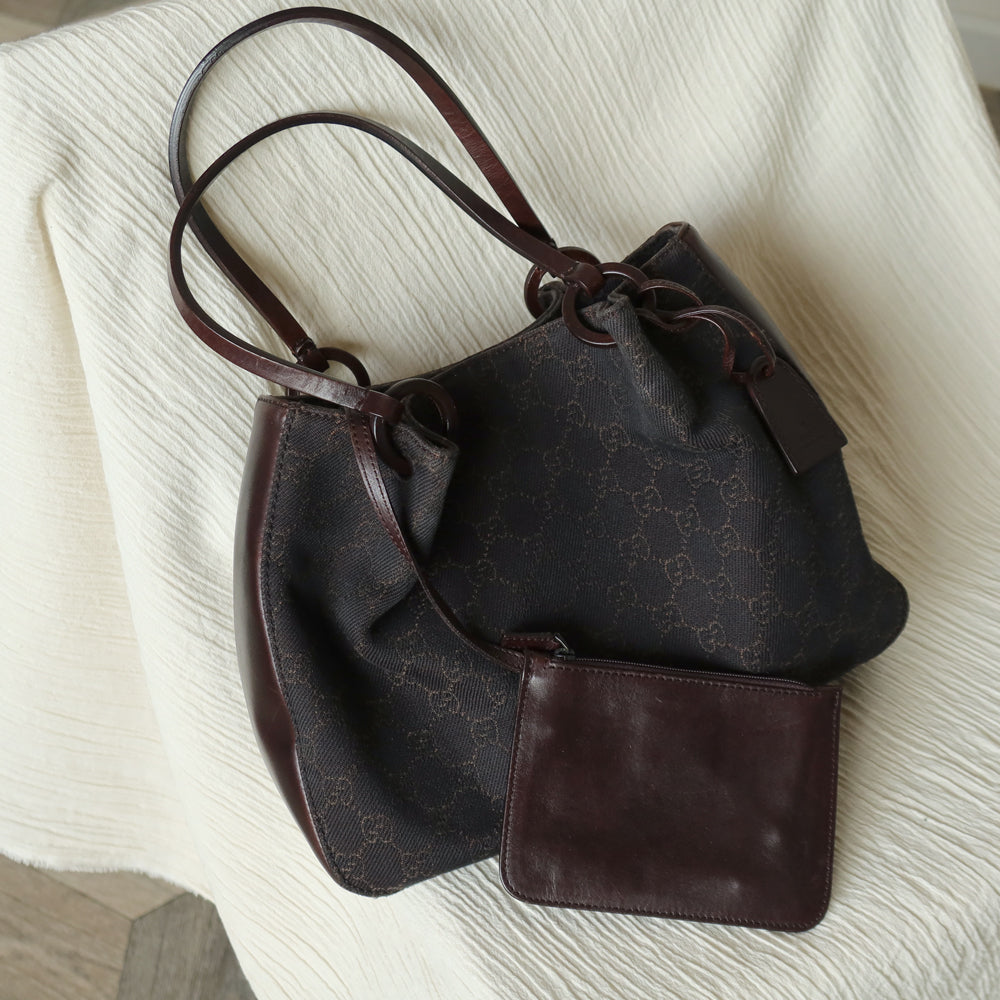 Gucci Vintage Dark Brown Canvas Leather GG Monogram Daily Tote Shoulder Bag