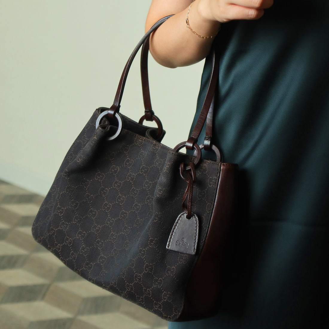 Gucci Vintage Dark Brown Canvas Leather GG Monogram Daily Tote Shoulder Bag