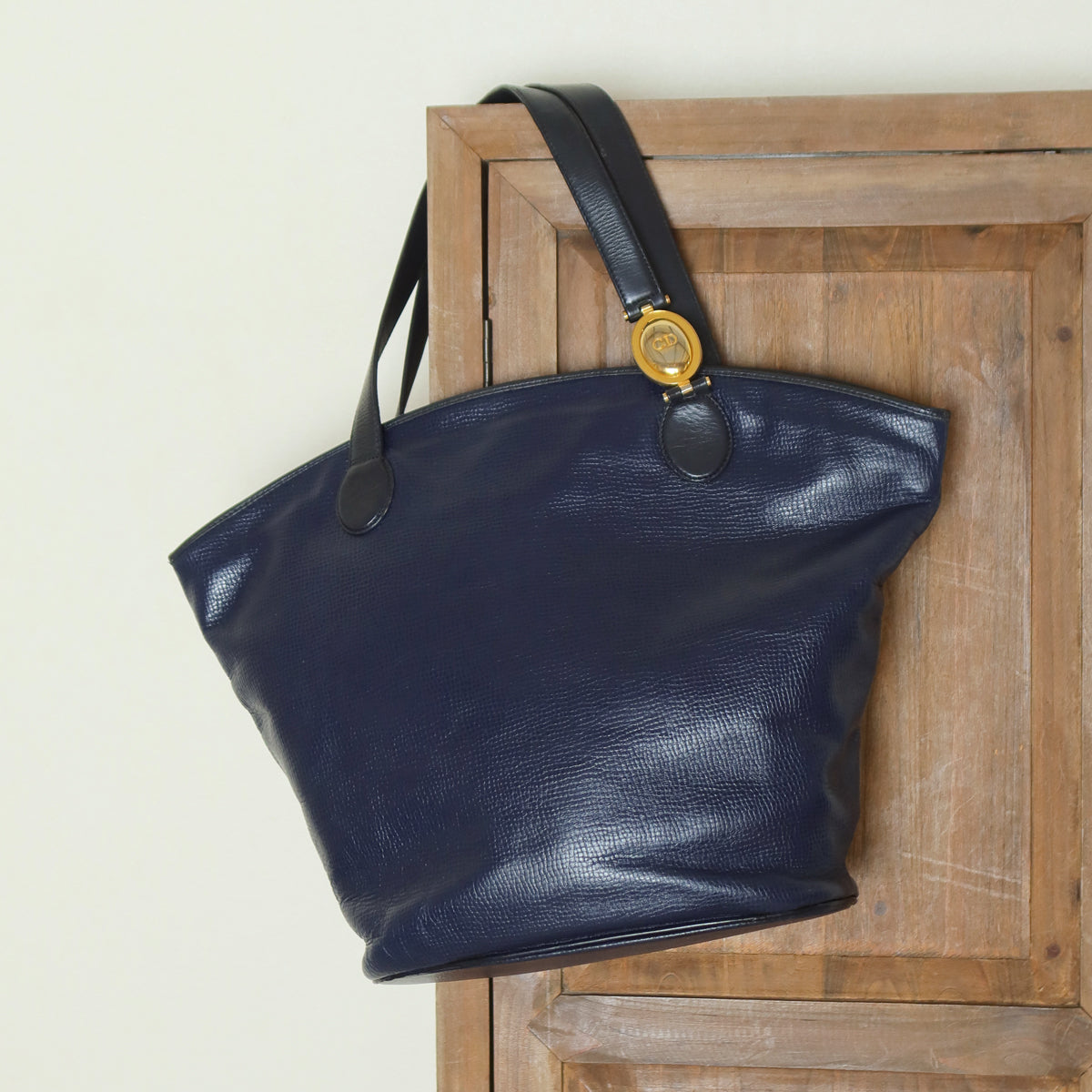 Christian Dior Vintage Dark Navy Leather Gold CD charm Large Shoulder Bag