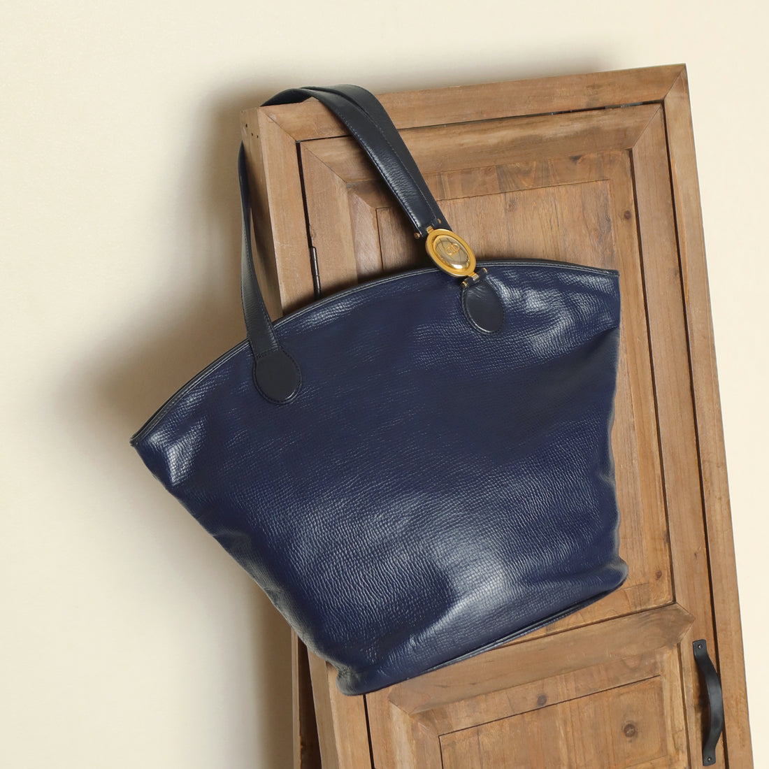 Christian Dior Vintage Dark Navy Leather Gold CD charm Large Shoulder Bag