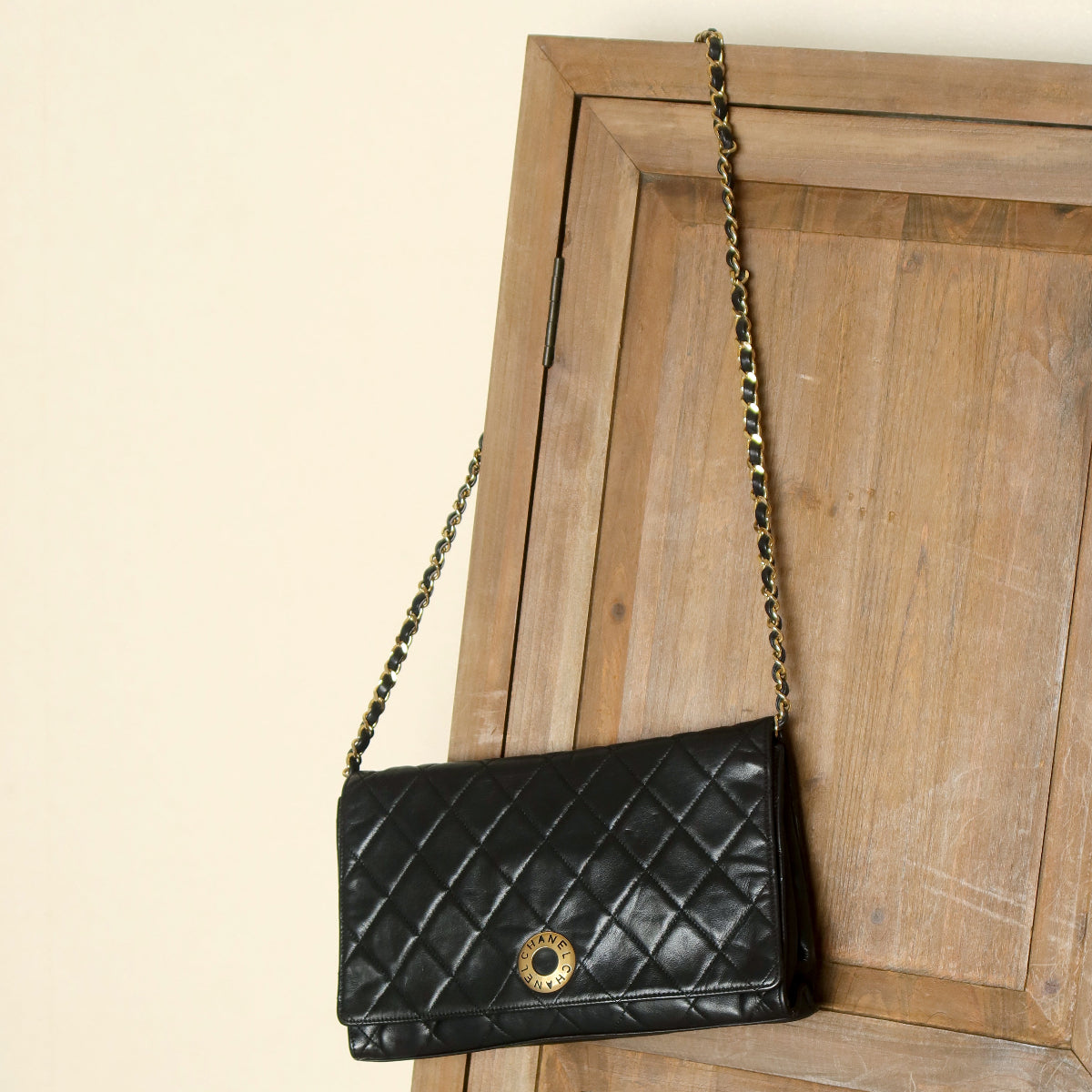 Rare Chanel Vintage Black Lambskin Diamond Quilted Logo Brooch Flap Bag
