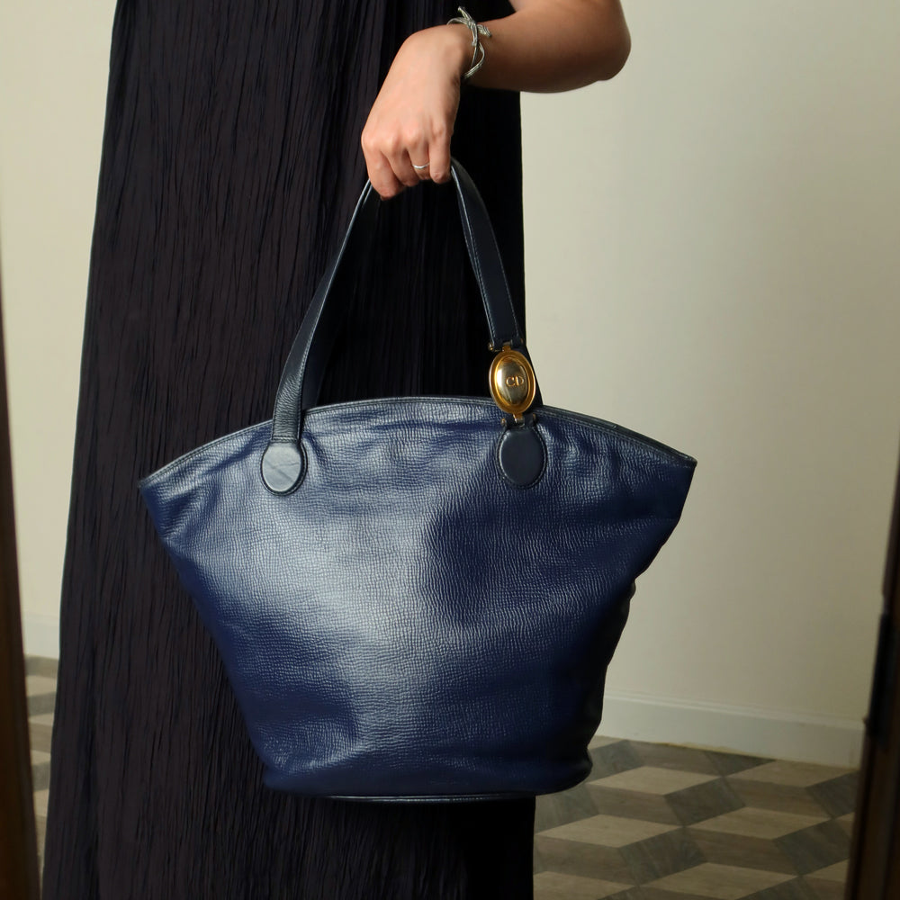 Christian Dior Vintage Dark Navy Leather Gold CD charm Large Shoulder Bag