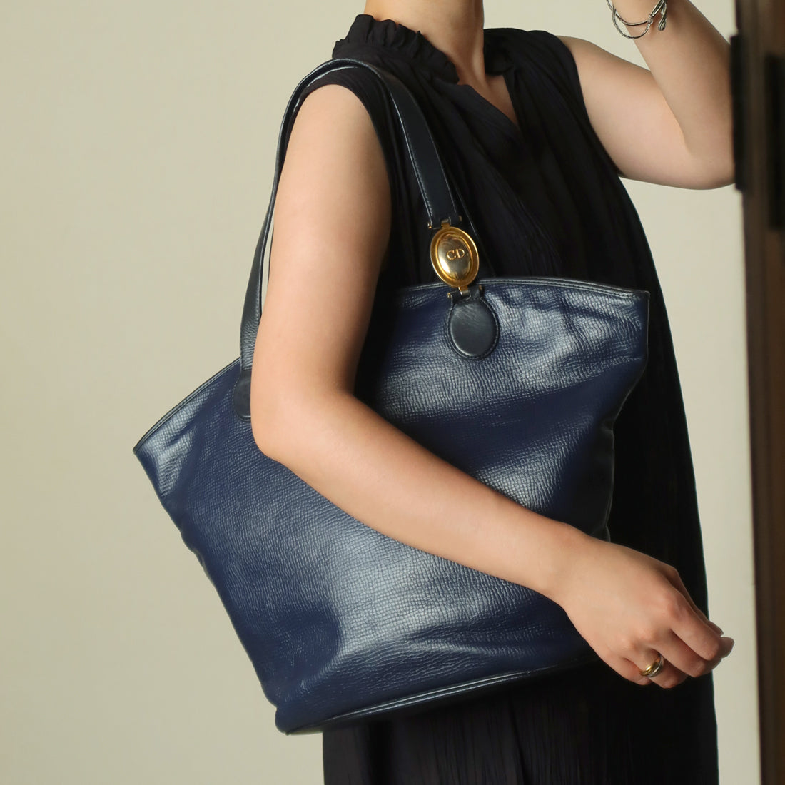 Christian Dior Vintage Dark Navy Leather Gold CD charm Large Shoulder Bag