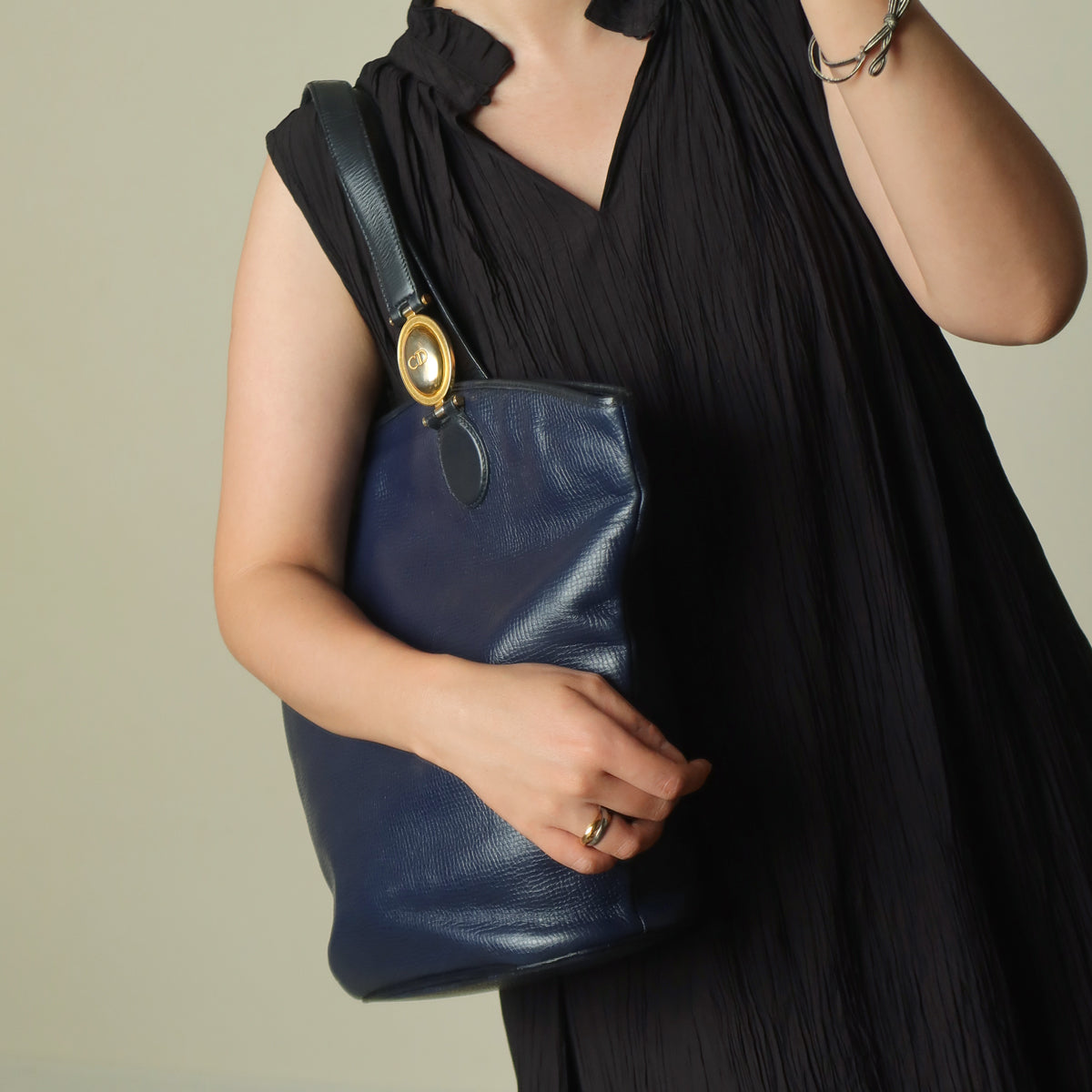 Christian Dior Vintage Dark Navy Leather Gold CD charm Large Shoulder Bag