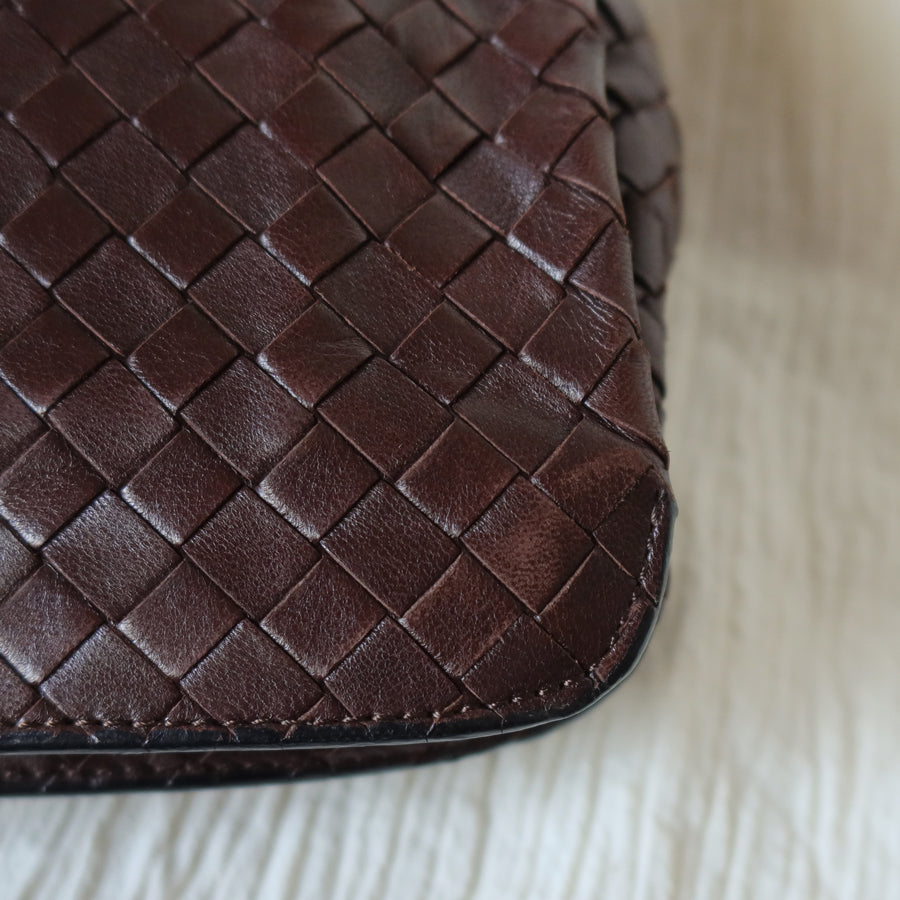 Bottega Veneta Vintage Dark Brown Leather Intrecciato Sardine Crossbody Flap Bag