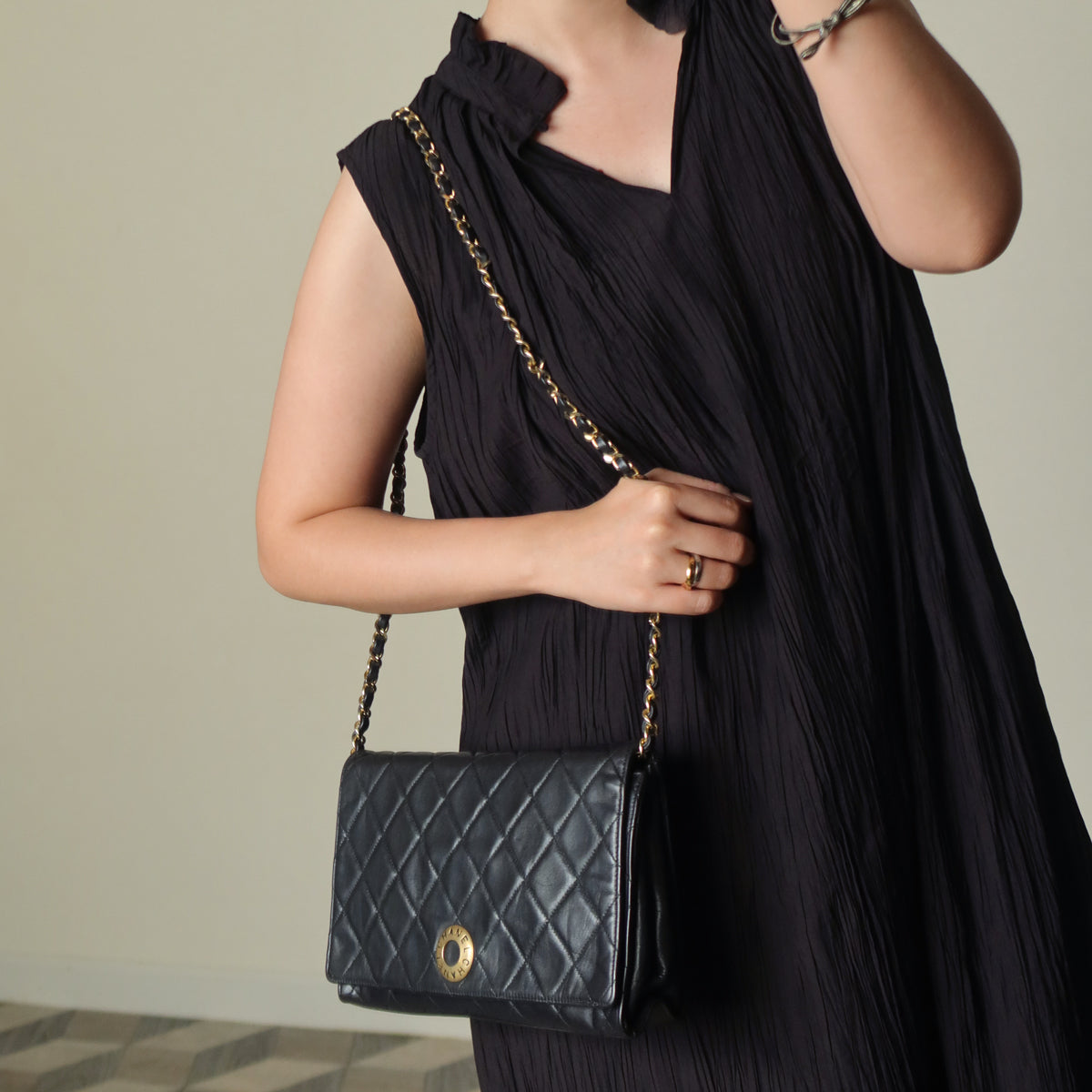 Rare Chanel Vintage Black Lambskin Diamond Quilted Logo Brooch Flap Bag