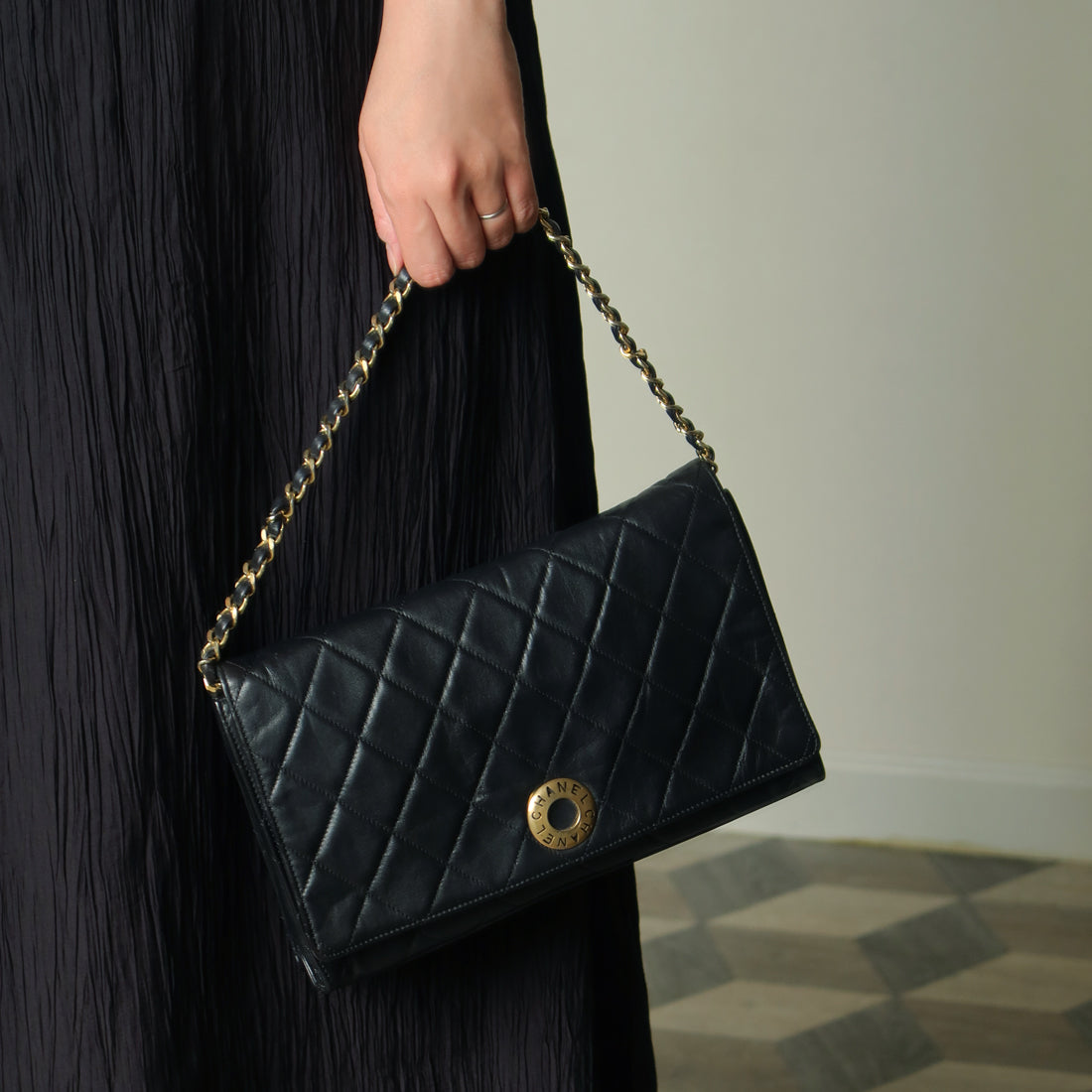 Rare Chanel Vintage Black Lambskin Diamond Quilted Logo Brooch Flap Bag