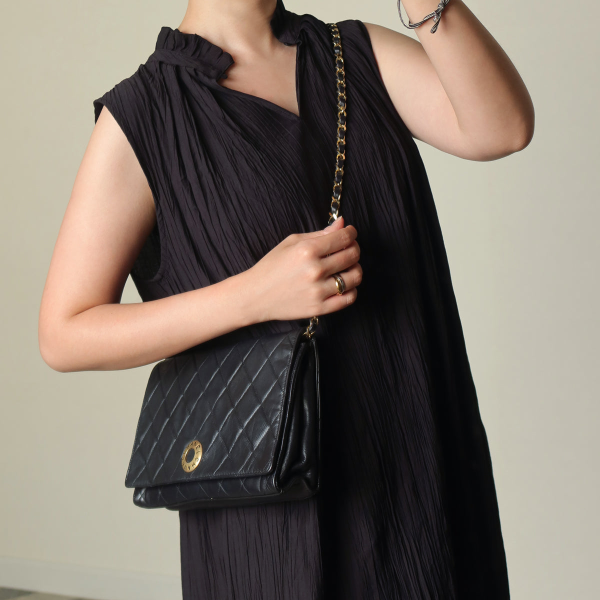 Rare Chanel Vintage Black Lambskin Diamond Quilted Logo Brooch Flap Bag