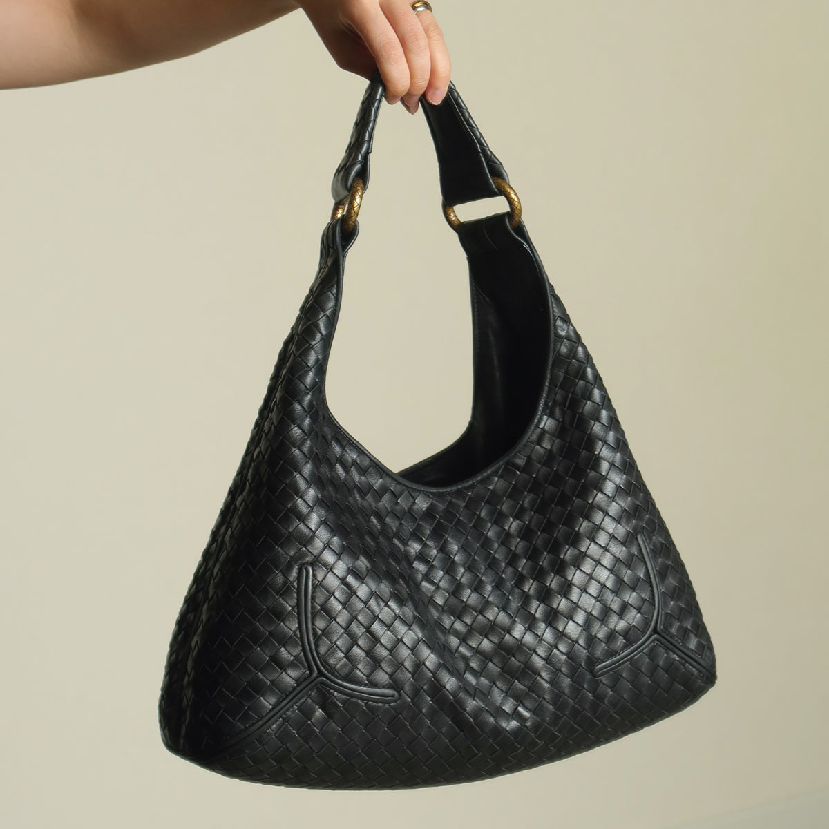 Bottega Veneta Vintage Black Intrecciato Gold Ring Medium Hobo Shoulder Bag