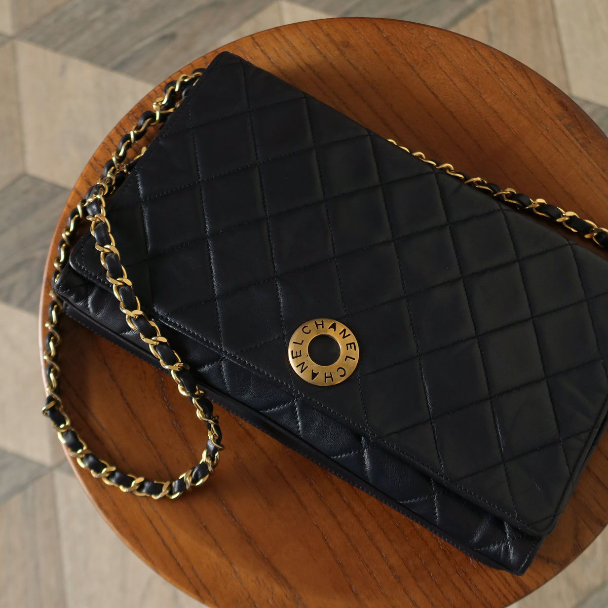 Rare Chanel Vintage Black Lambskin Diamond Quilted Logo Brooch Flap Bag
