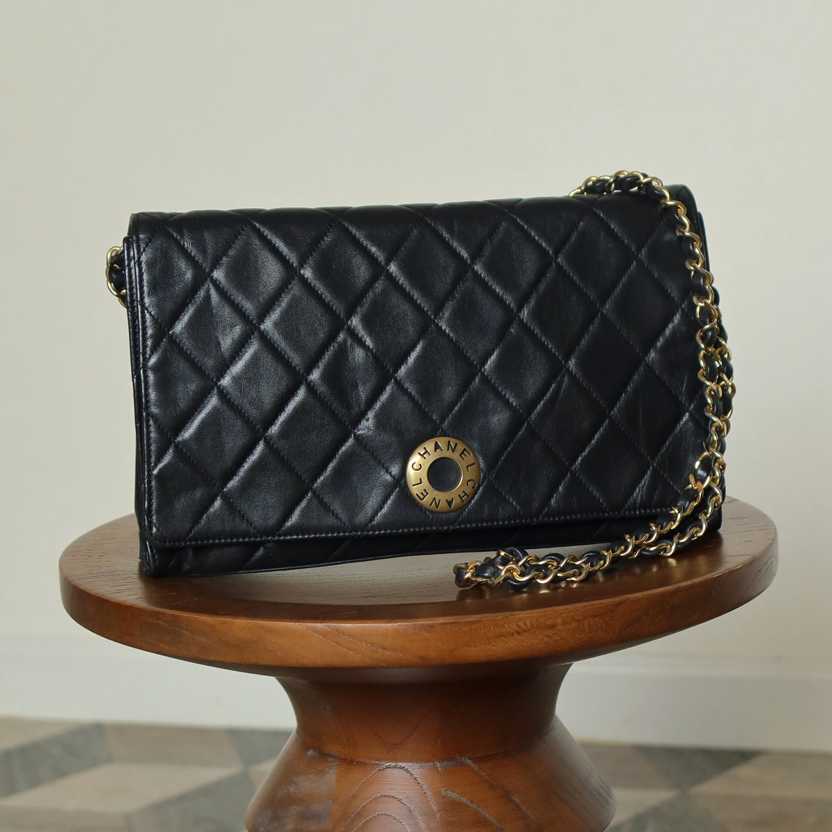 Rare Chanel Vintage Black Lambskin Diamond Quilted Logo Brooch Flap Bag