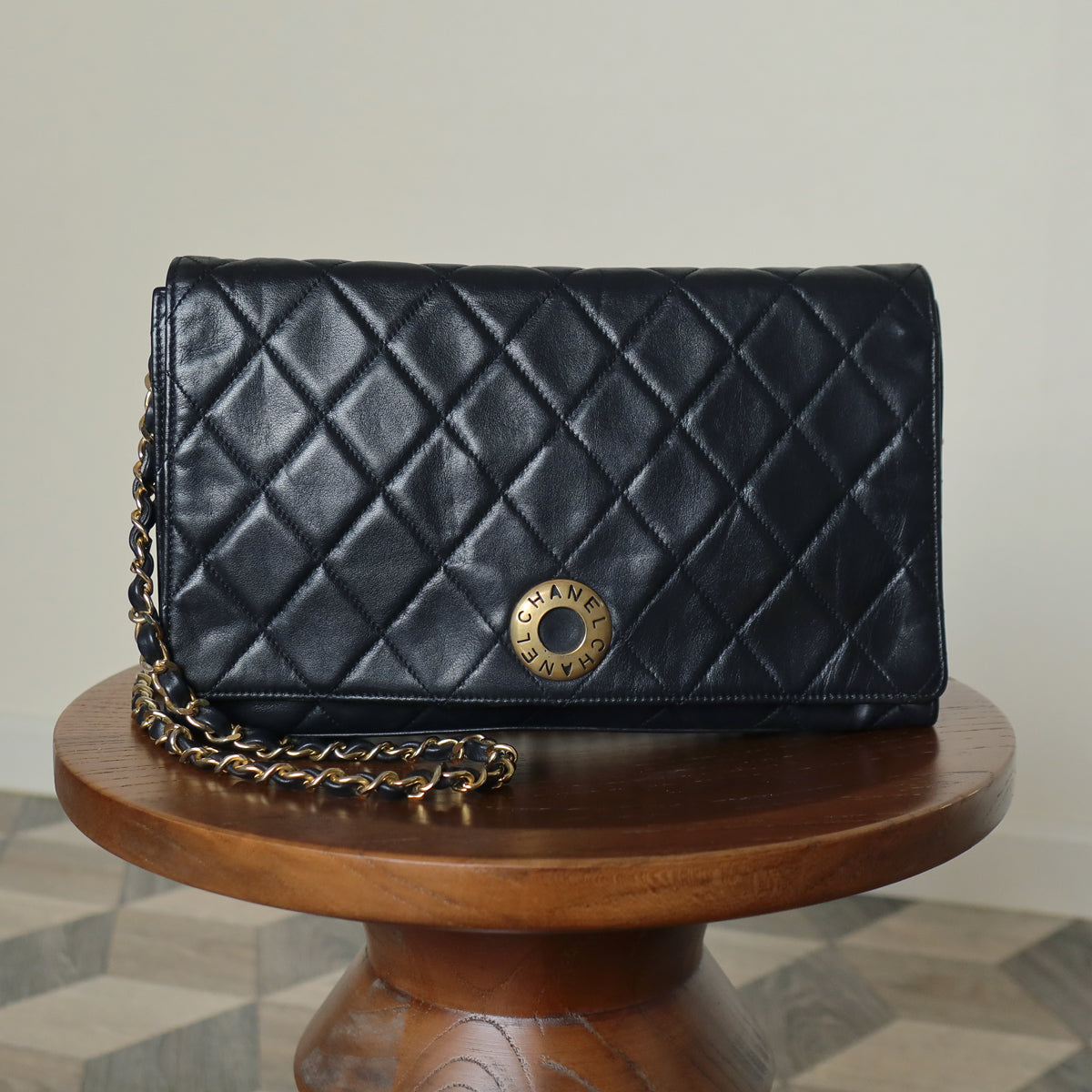 Rare Chanel Vintage Black Lambskin Diamond Quilted Logo Brooch Flap Bag