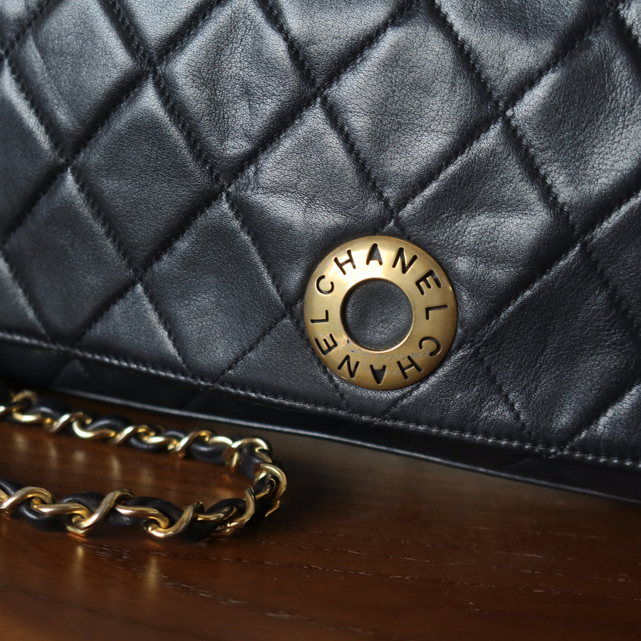 Rare Chanel Vintage Black Lambskin Diamond Quilted Logo Brooch Flap Bag
