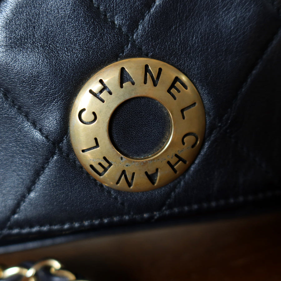 Rare Chanel Vintage Black Lambskin Diamond Quilted Logo Brooch Flap Bag