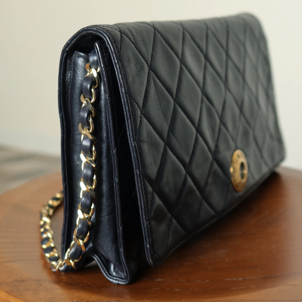 Rare Chanel Vintage Black Lambskin Diamond Quilted Logo Brooch Flap Bag