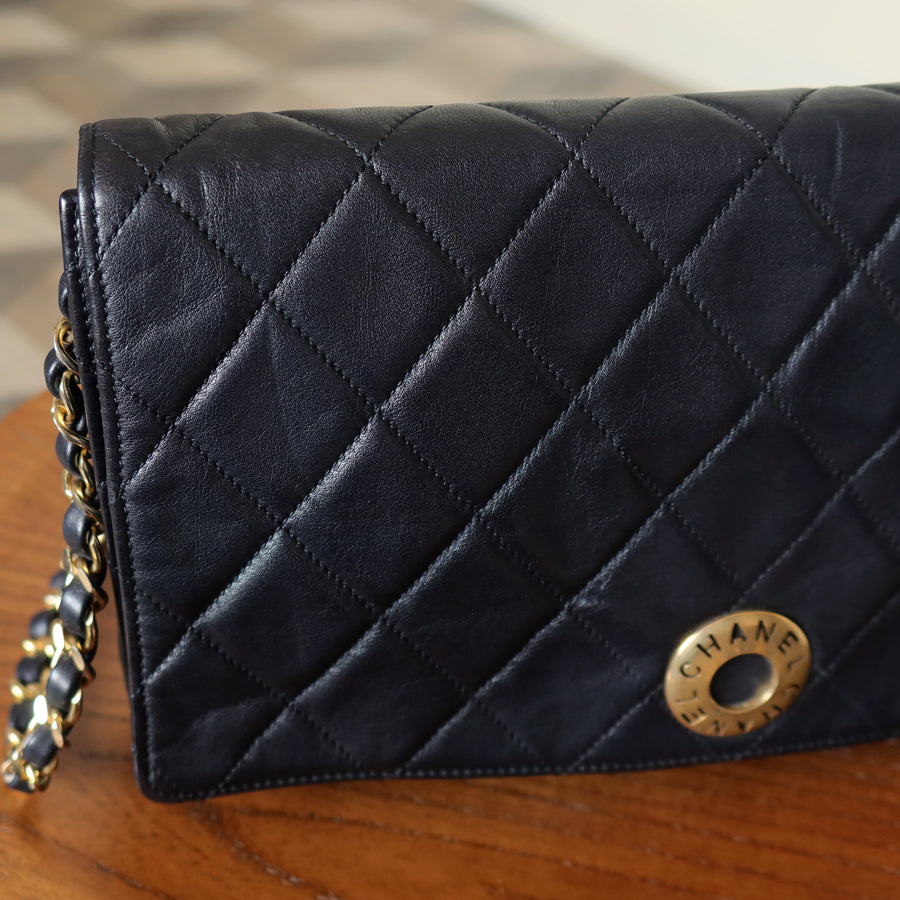 Rare Chanel Vintage Black Lambskin Diamond Quilted Logo Brooch Flap Bag