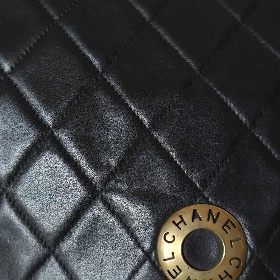 Rare Chanel Vintage Black Lambskin Diamond Quilted Logo Brooch Flap Bag
