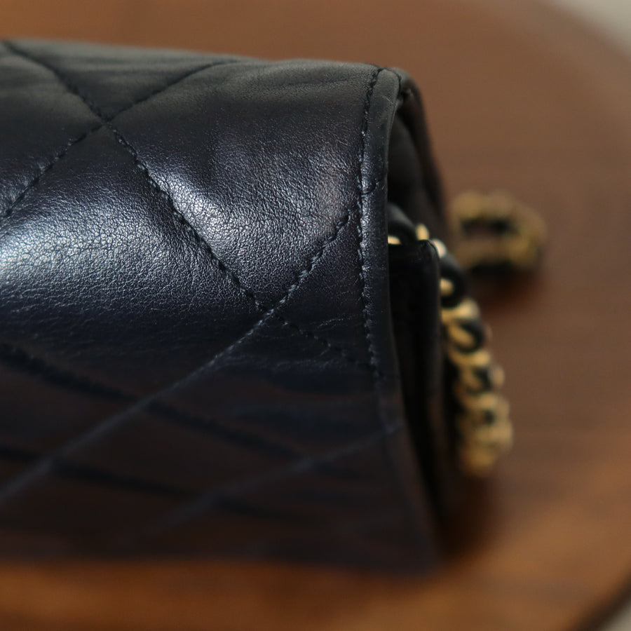 Rare Chanel Vintage Black Lambskin Diamond Quilted Logo Brooch Flap Bag