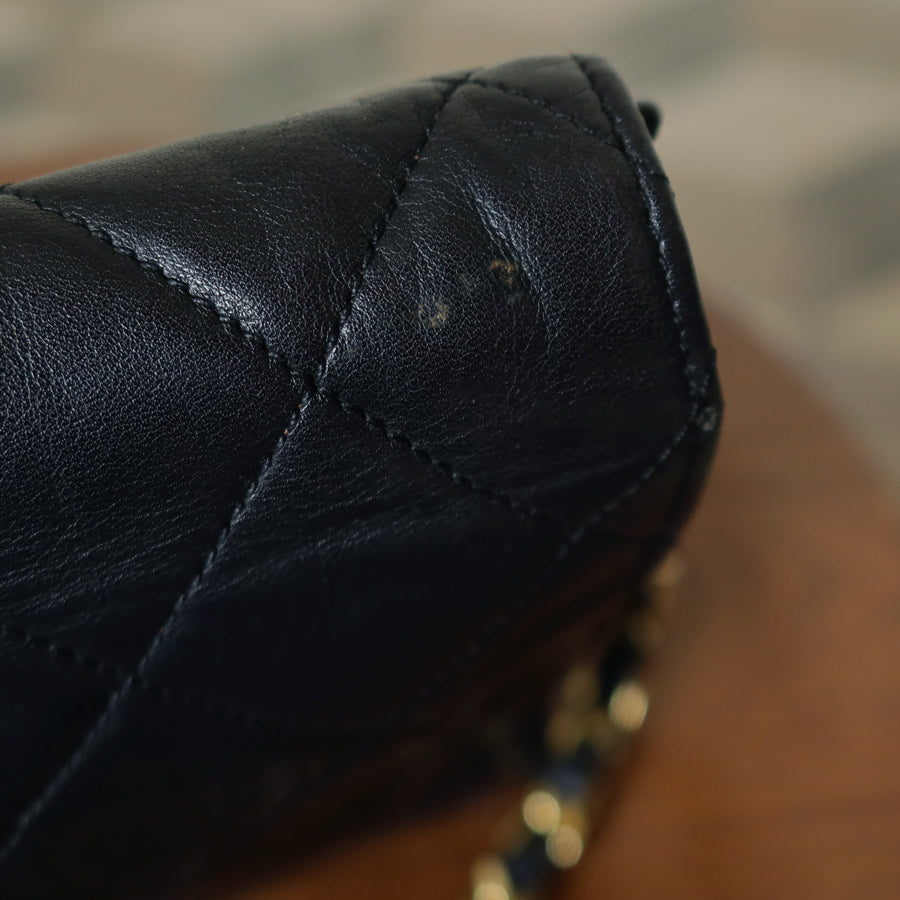 Rare Chanel Vintage Black Lambskin Diamond Quilted Logo Brooch Flap Bag