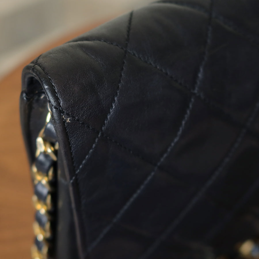 Rare Chanel Vintage Black Lambskin Diamond Quilted Logo Brooch Flap Bag