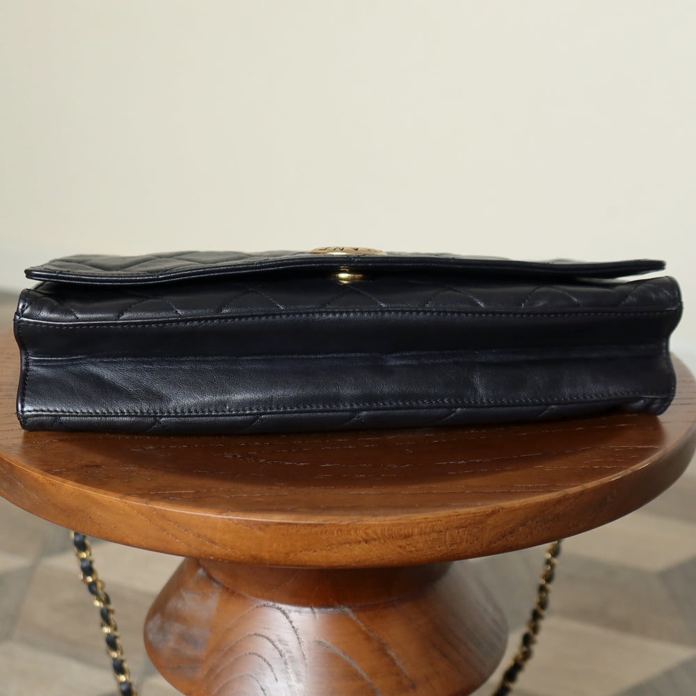 Rare Chanel Vintage Black Lambskin Diamond Quilted Logo Brooch Flap Bag