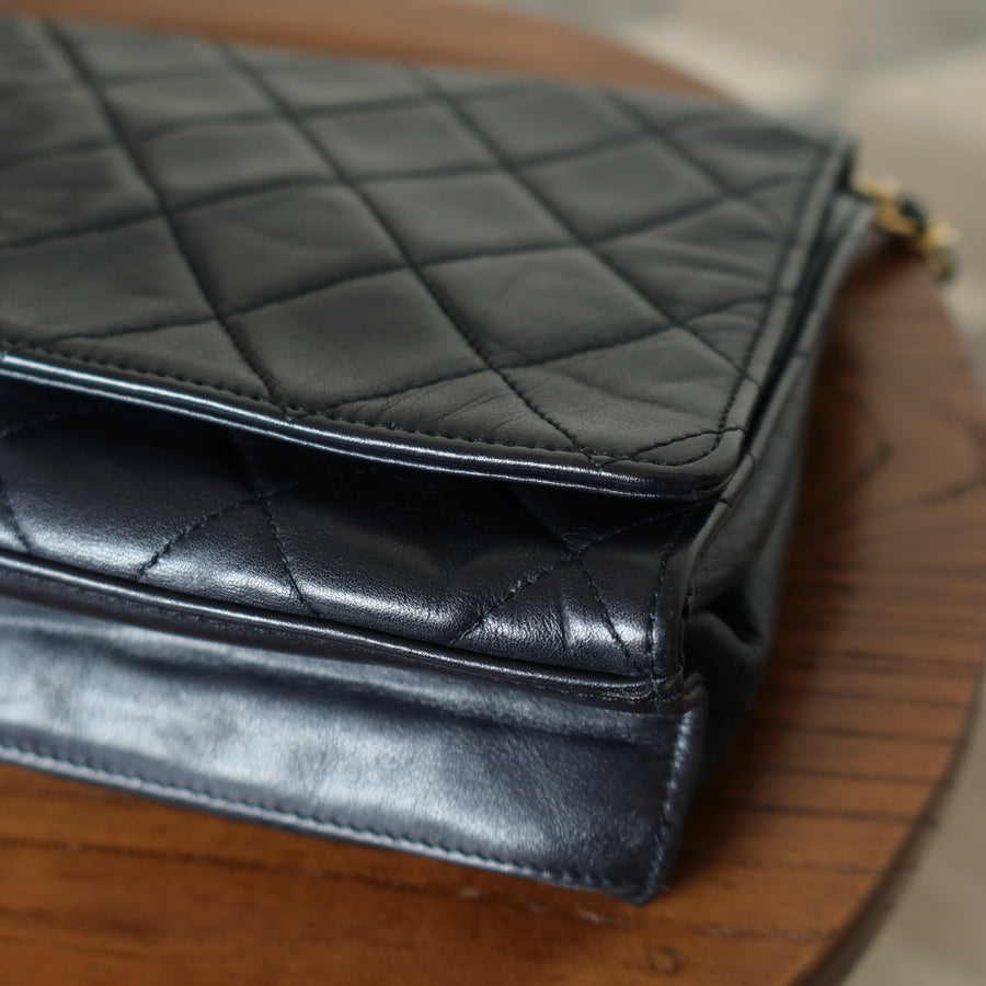 Rare Chanel Vintage Black Lambskin Diamond Quilted Logo Brooch Flap Bag