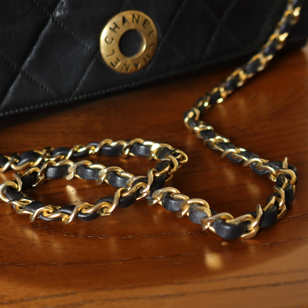 Rare Chanel Vintage Black Lambskin Diamond Quilted Logo Brooch Flap Bag