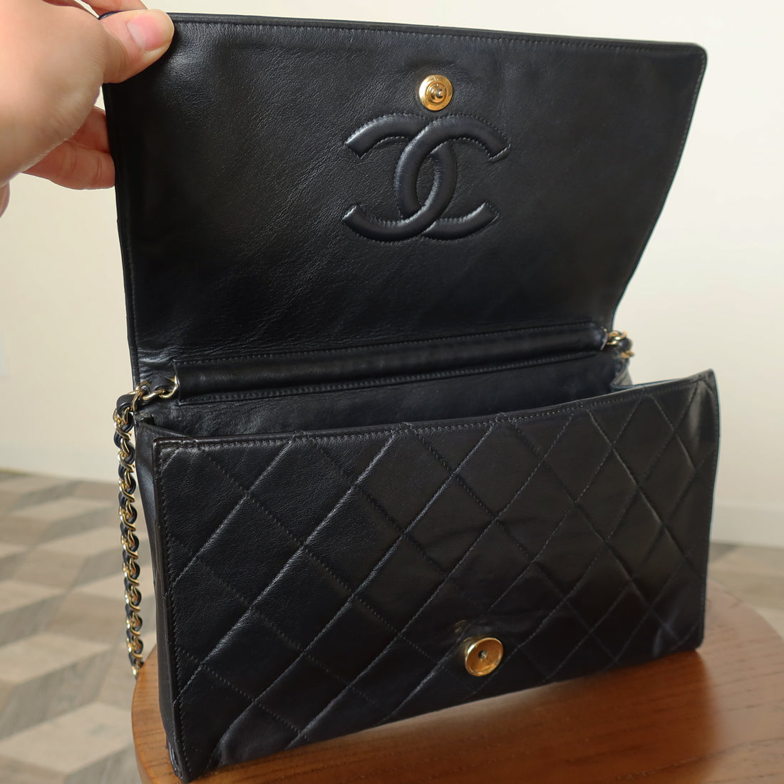Rare Chanel Vintage Black Lambskin Diamond Quilted Logo Brooch Flap Bag