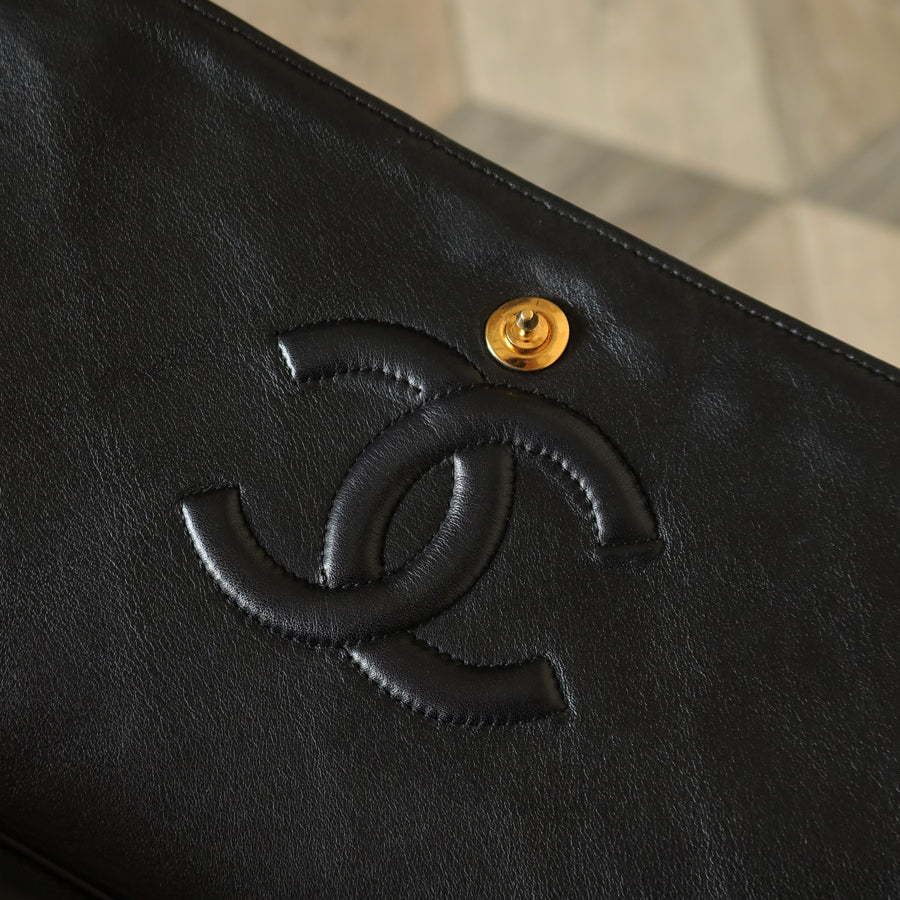 Rare Chanel Vintage Black Lambskin Diamond Quilted Logo Brooch Flap Bag