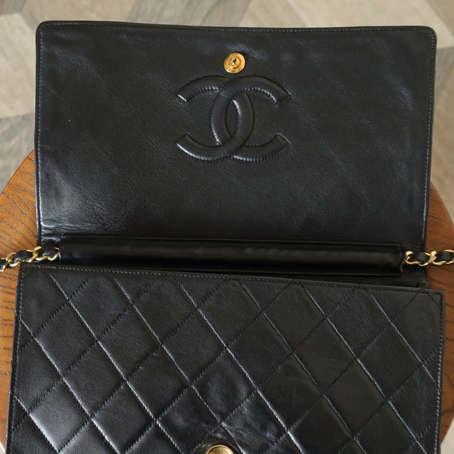 Rare Chanel Vintage Black Lambskin Diamond Quilted Logo Brooch Flap Bag