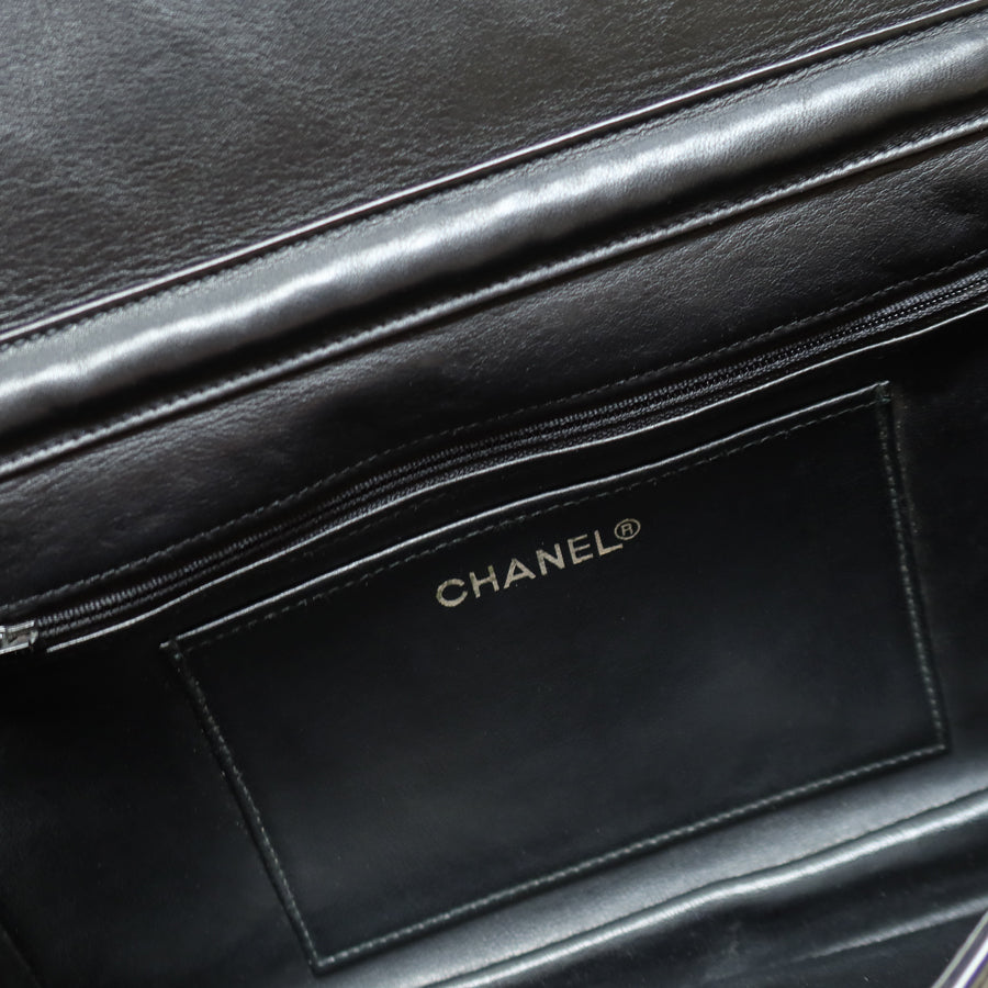 Rare Chanel Vintage Black Lambskin Diamond Quilted Logo Brooch Flap Bag