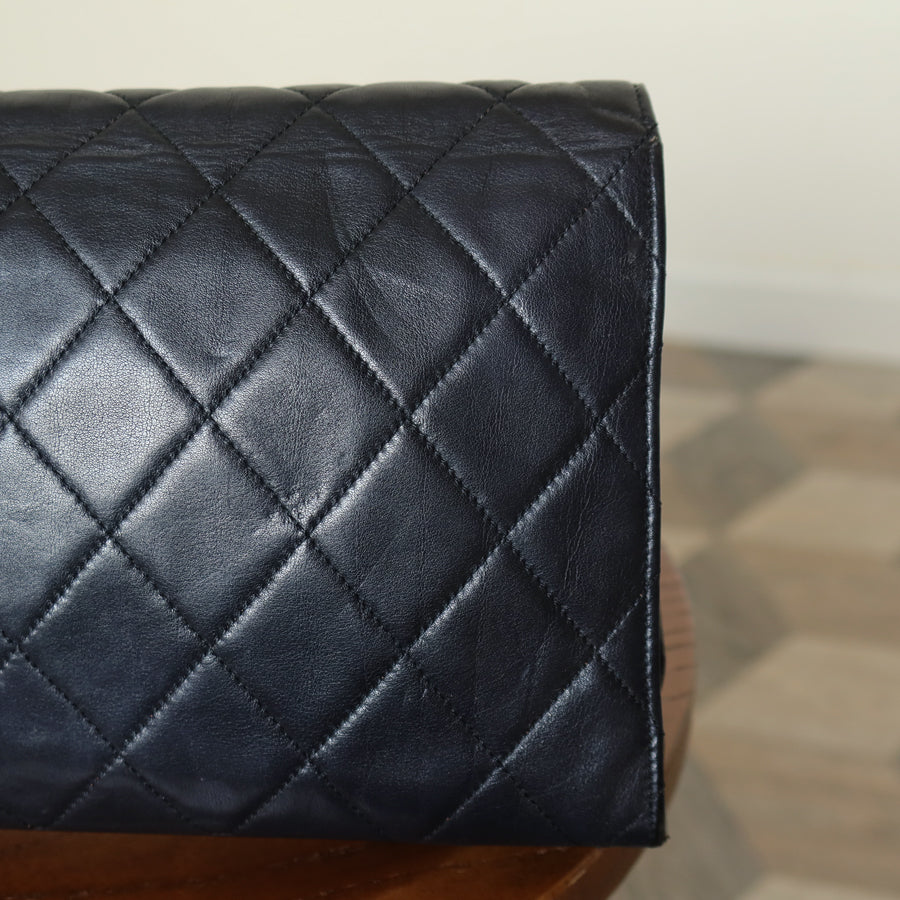 Rare Chanel Vintage Black Lambskin Diamond Quilted Logo Brooch Flap Bag
