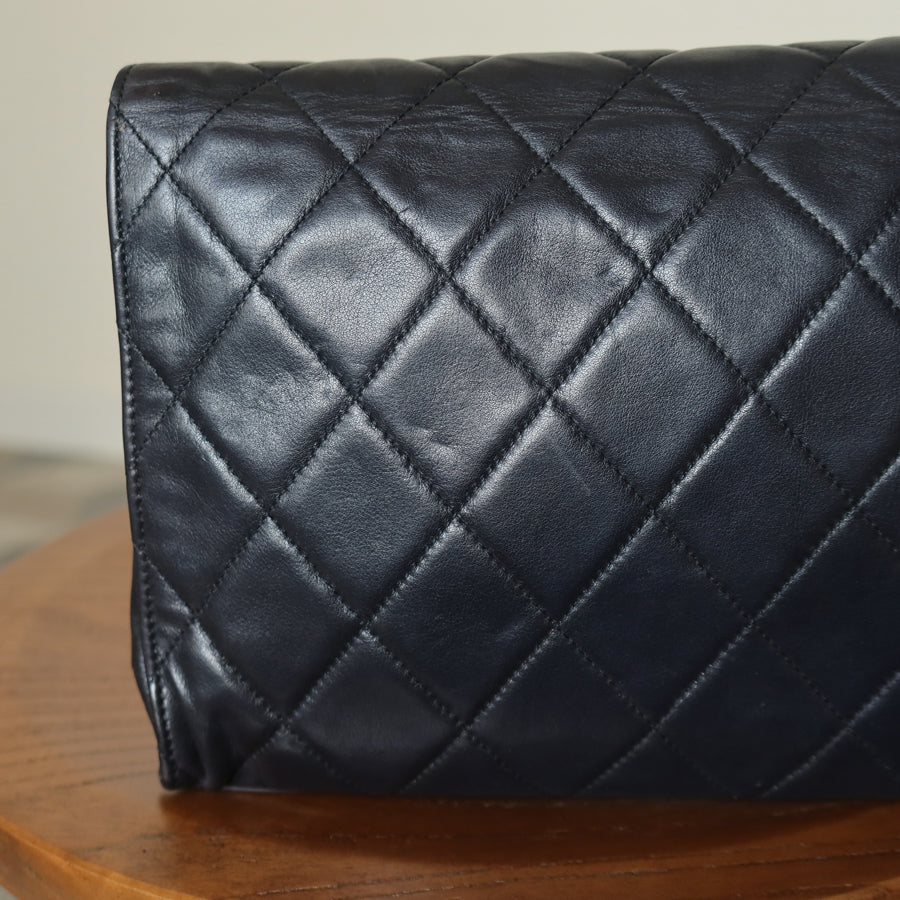 Rare Chanel Vintage Black Lambskin Diamond Quilted Logo Brooch Flap Bag