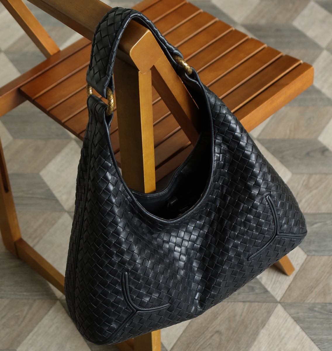 Bottega Veneta Vintage Black Intrecciato Gold Ring Medium Hobo Shoulder Bag
