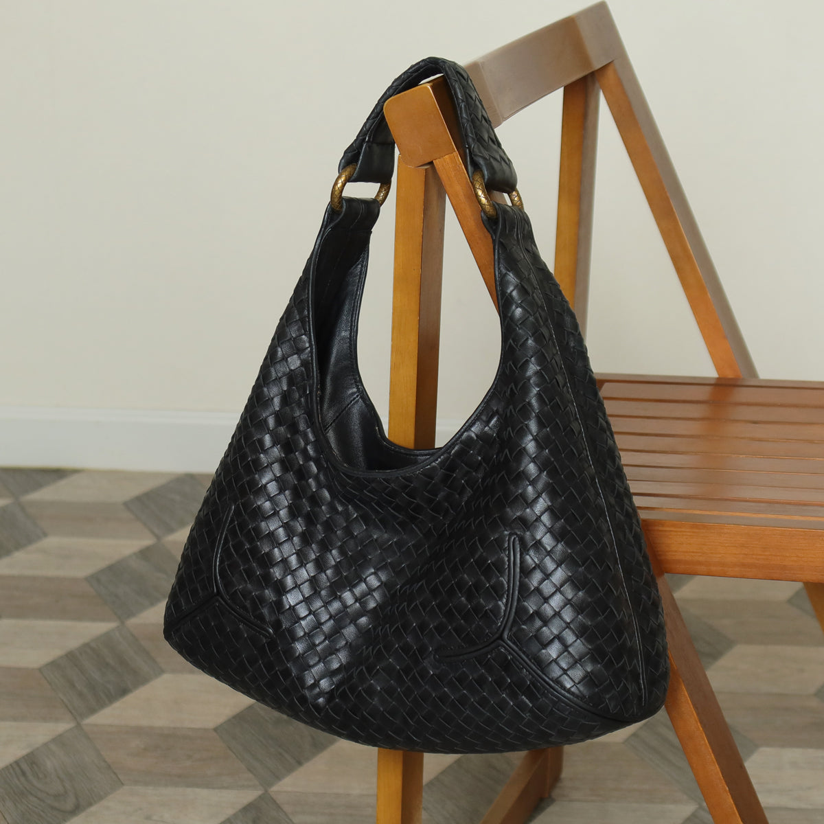 Bottega Veneta Vintage Black Intrecciato Gold Ring Medium Hobo Shoulder Bag