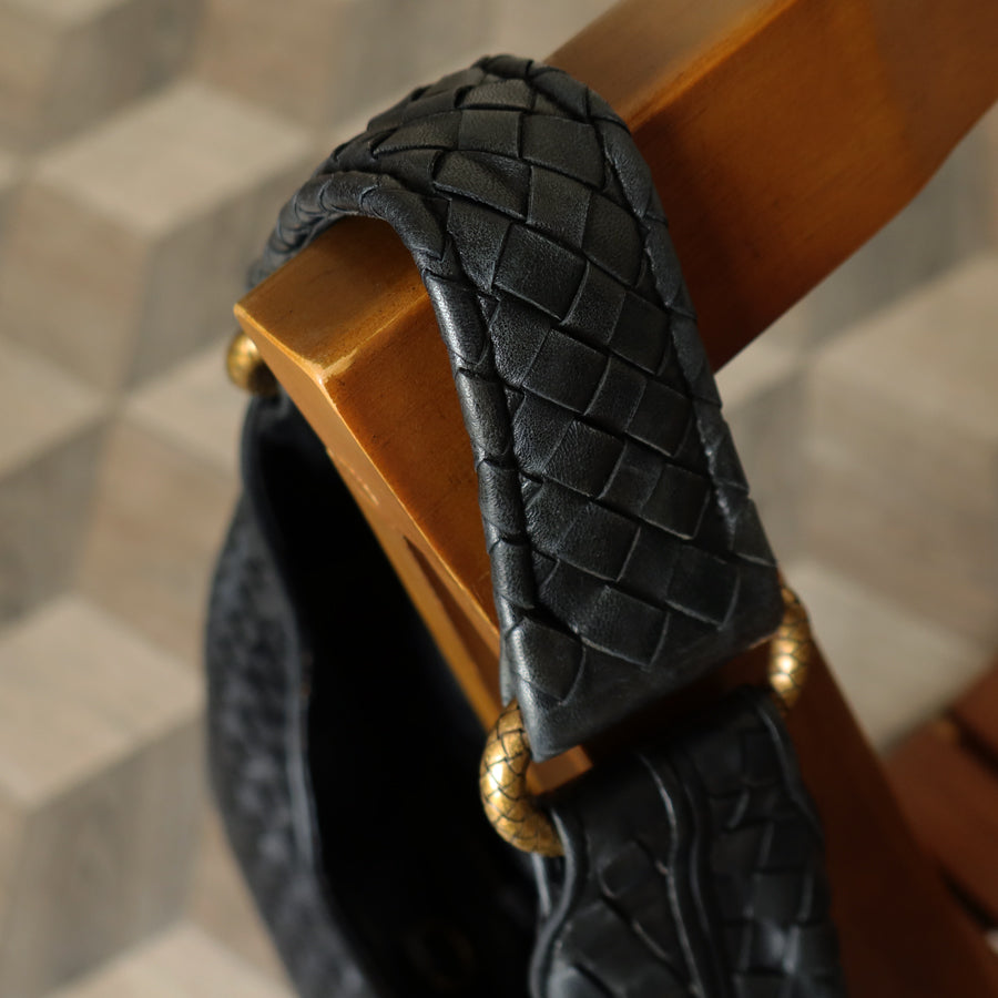 Bottega Veneta Vintage Black Intrecciato Gold Ring Medium Hobo Shoulder Bag