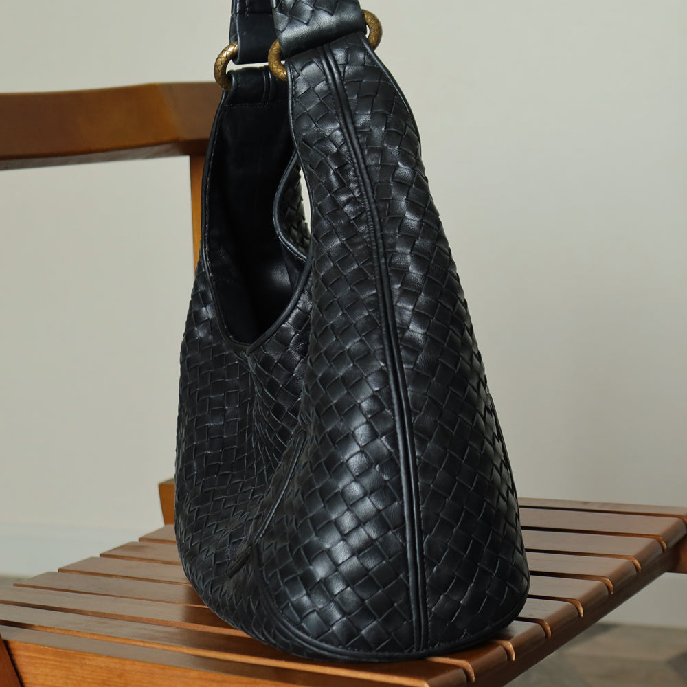 Bottega Veneta Vintage Black Intrecciato Gold Ring Medium Hobo Shoulder Bag