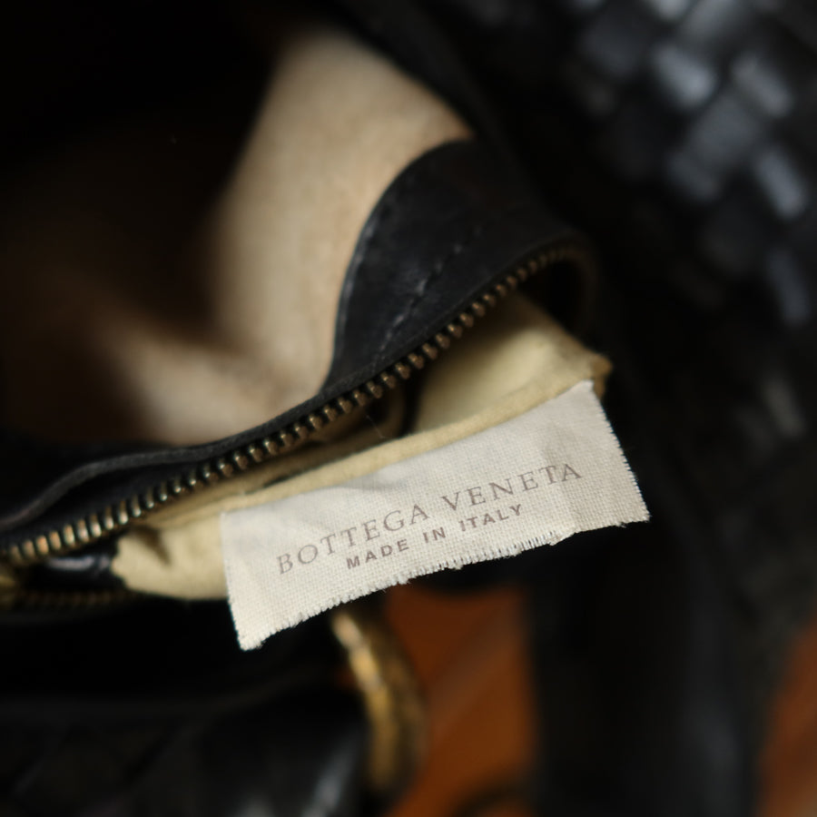 Bottega Veneta Vintage Black Intrecciato Gold Ring Medium Hobo Shoulder Bag