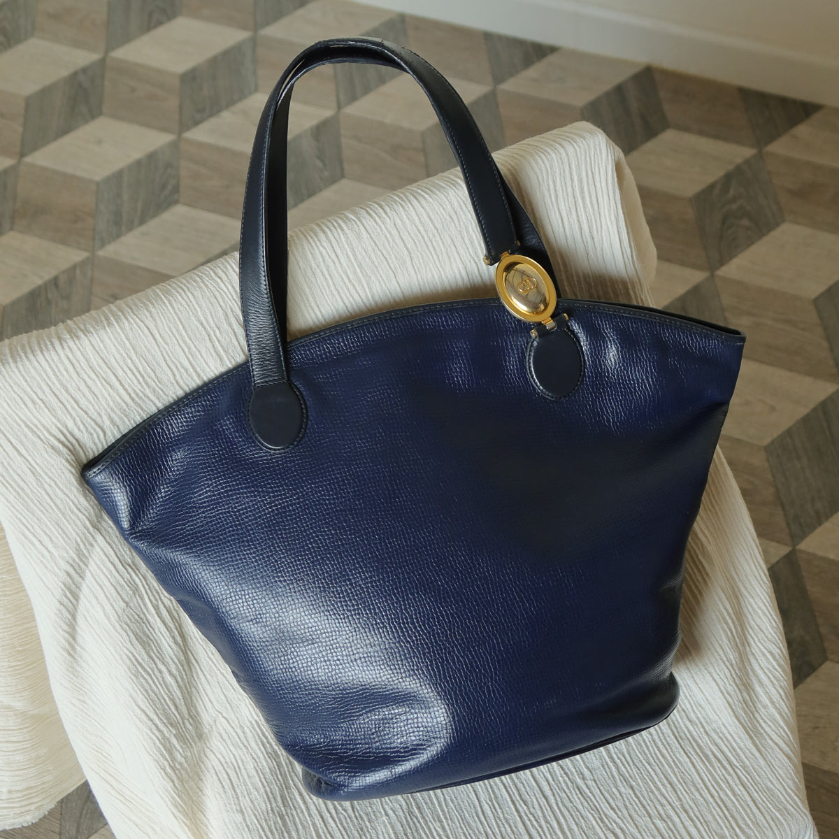 Christian Dior Vintage Dark Navy Leather Gold CD charm Large Shoulder Bag