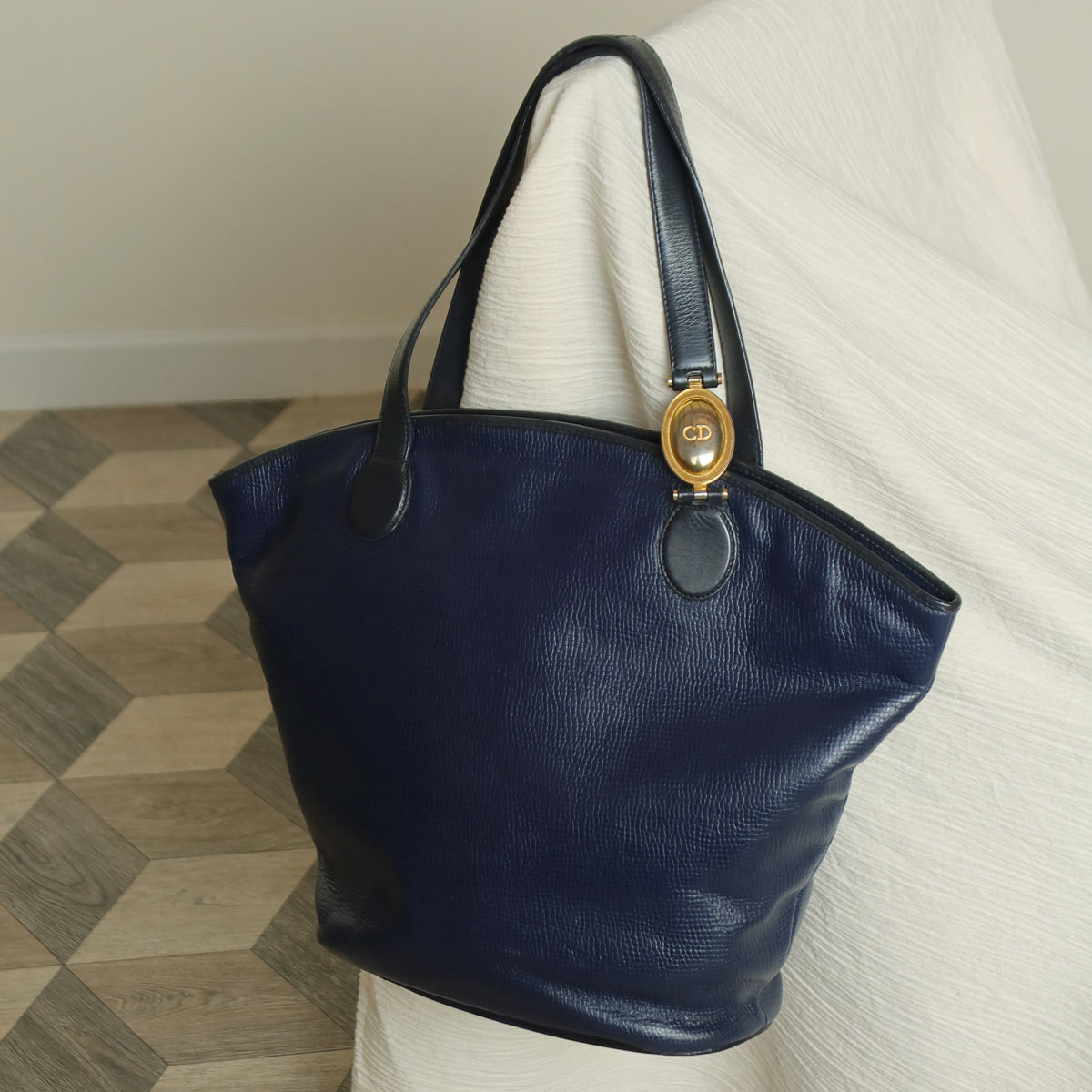 Christian Dior Vintage Dark Navy Leather Gold CD charm Large Shoulder Bag