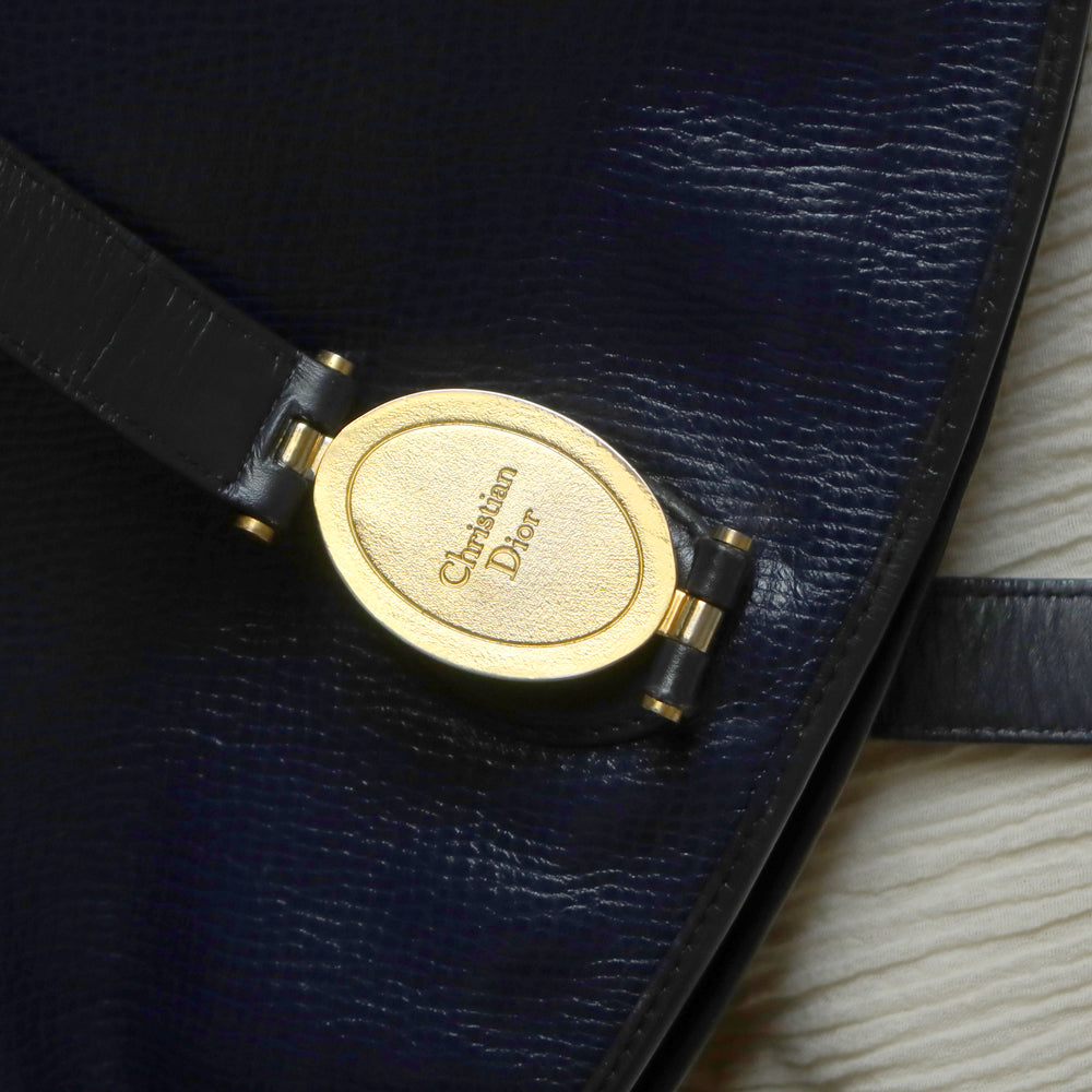 Christian Dior Vintage Dark Navy Leather Gold CD charm Large Shoulder Bag