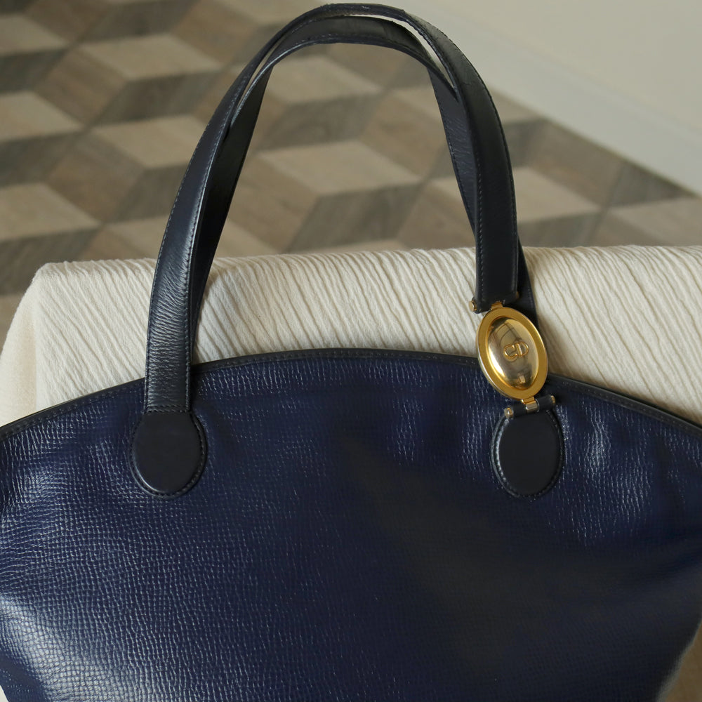 Christian Dior Vintage Dark Navy Leather Gold CD charm Large Shoulder Bag