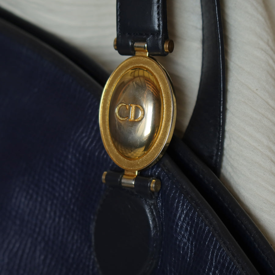 Christian Dior Vintage Dark Navy Leather Gold CD charm Large Shoulder Bag