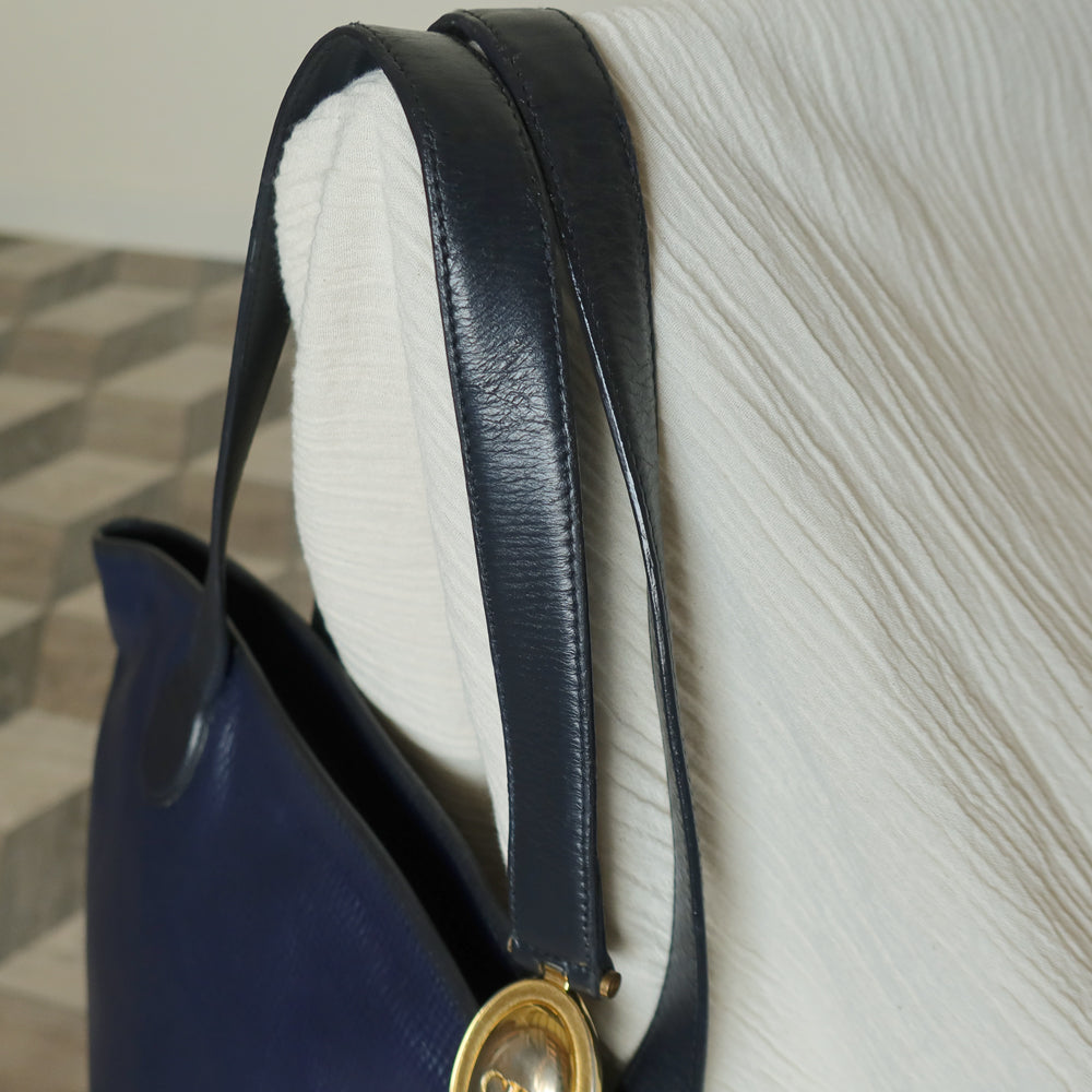 Christian Dior Vintage Dark Navy Leather Gold CD charm Large Shoulder Bag