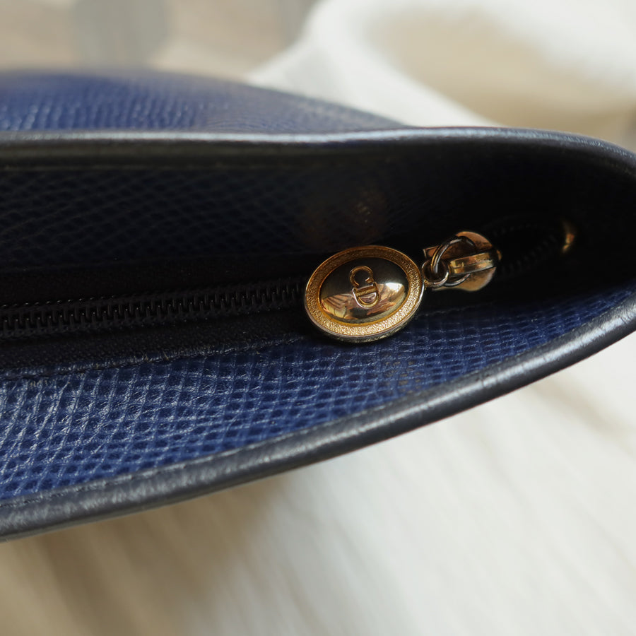 Christian Dior Vintage Dark Navy Leather Gold CD charm Large Shoulder Bag