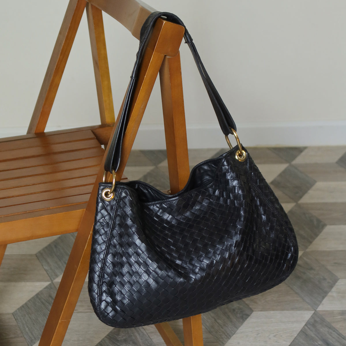 Bottega Veneta Vintage Black Intrecciato Mismatch Rings Hobo Shoulder Bag