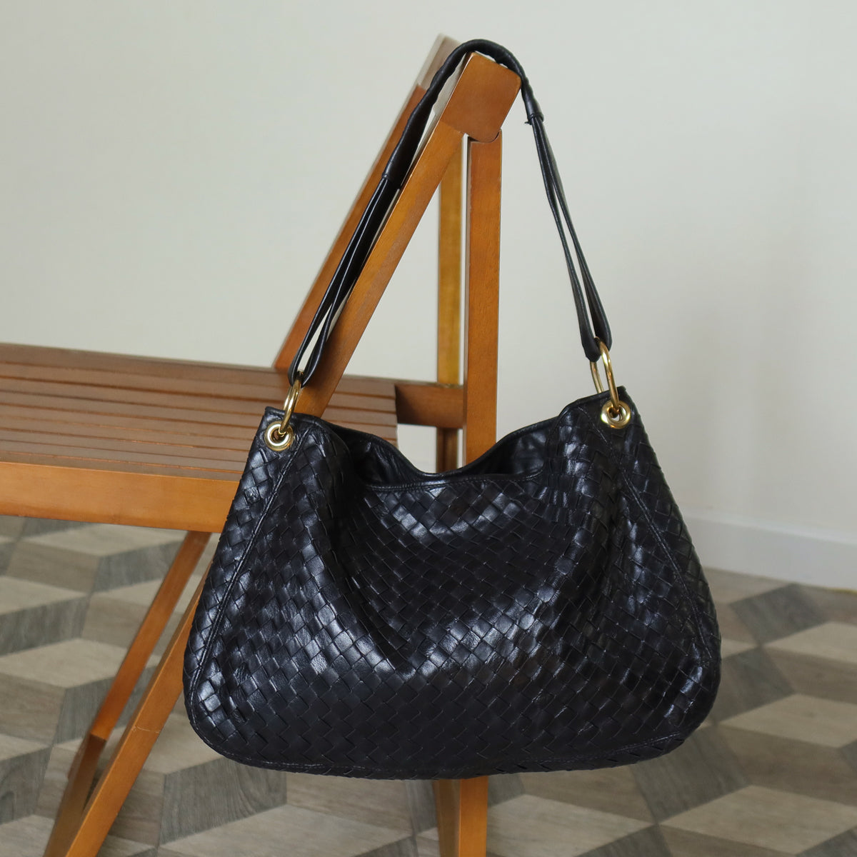 Bottega Veneta Vintage Black Intrecciato Mismatch Rings Hobo Shoulder Bag