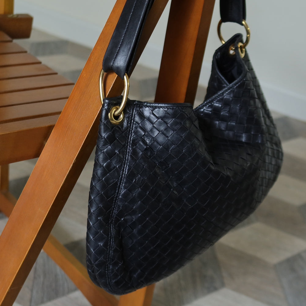 Bottega Veneta Vintage Black Intrecciato Mismatch Rings Hobo Shoulder Bag
